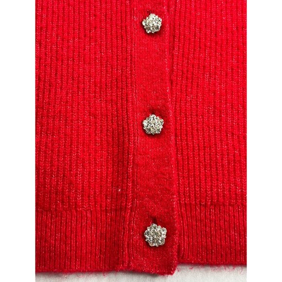 Loft Womens Fuzzy Red Button Front Cardigan Sweater Size S Rhinestone Buttons - Picture 5 of 9